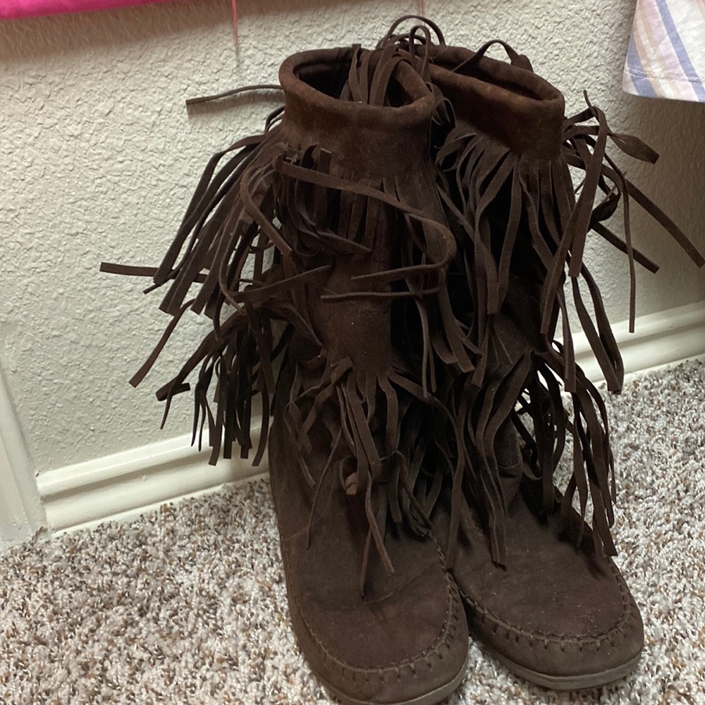 Brown fringe boots